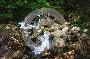 Jungle landscape with flowing turquoise water of georgian cascade waterfall at deep green forest. Mountain of georgia