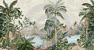 Jungle landscape with river and palms. Interior print mural.