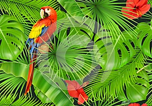 Jungle leaves and parrot, seamless pattern. Vector background