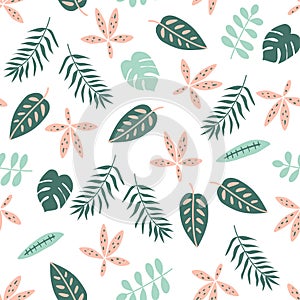 Jungle leaves pattern. Botany tropical leaves seamless pattern. Green and pink jungle plants wallpaper. Nature summer background.