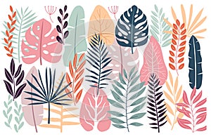 Jungle leaves, plants, floral elements. Cute hand drawn style