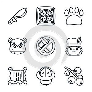 jungle line icons. linear set. quality vector line set such as berries, hat, waterfall, aborigin, no cutting, hippopotamus, photo