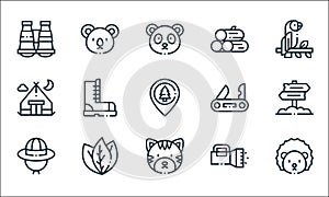jungle line icons. linear set. quality vector line set such as hedgehog, tiger, explorer hat, flashlight, leaves, camping tent,