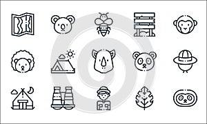 Jungle line icons. linear set. quality vector line set such as sloth, explorer, camping tent, leaf, binocular, hedgehog, panda