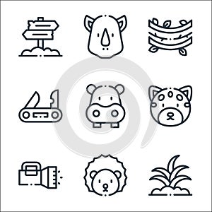 jungle line icons. linear set. quality vector line set such as sprout, hedgehog, flashlight, jaguar, hippopotamus, swiss knife,