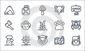 jungle line icons. linear set. quality vector line set such as aborigin, lion, tree, map, palm, axe, pawprint, elephant, canteen photo