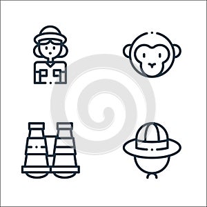 Jungle line icons. linear set. quality vector line set such as explorer hat, binocular, monkey