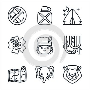 jungle line icons. linear set. quality vector line set such as lion, elephant, map, vine, aborigin, flower, camping tent, canteen photo