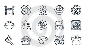 Jungle line icons. linear set. quality vector line set such as pawprint, toucan, axe, tiger, girl, frog, aborigin, hat, flower photo