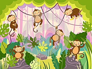 Jungle monkey. Funny ape hanging on lianas, wild monkeys in various poses on tropical tree and nature background vector