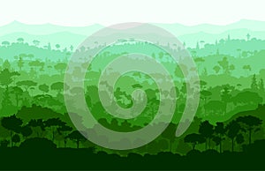 Jungle mountains panorama. Vector illustration. Forest to the horizon. Silhouette landscape. Long away.