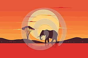 Jungle night safari with beautiful sunset colors in the background and an elephant silhouette on the foreground vector