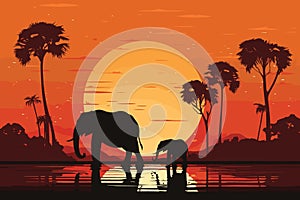 Jungle night safari with beautiful sunset colors in the background and an elephant silhouette on the foreground vector