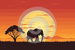 Jungle night safari with beautiful sunset colors in the background and an elephant silhouette on the foreground vector