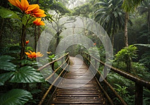 Jungle Oasis: Wooden Walkway Amidst Lush Foliage