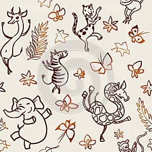 Jungle party - dancing wild animals. Hand drawn ink drawing with safari african wildlife. Comic, funny seamless pattern