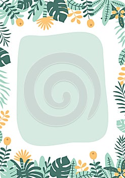 Jungle party template. Green tropical palm leaves frame border. Wild party design. Safari banner. Hawaii birthday party invite.