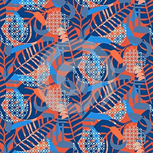 Jungle pattern. Red and blue abstract textured vector background.