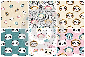 Jungle pattern set. Collection of vector seamless baby backgrounds with cute tropical animal muzzles. Pink clouds. Hand drawn