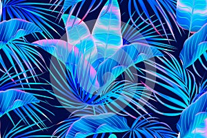 Jungle purple neon tropical leaves seamless pattern.Summer exotic botanical foliage.Fluorescent vectors colors. photo