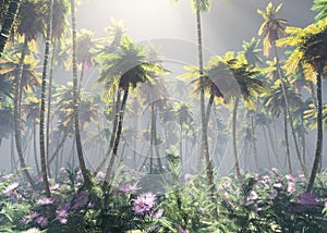 Jungle, rainforest during the plank, palm trees in the morning in the fog, jungle in the haze, 3D rendering