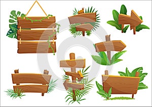 Jungle rainforest wood sign with tropical leaves with space for text. Cartoon game vector illustration.