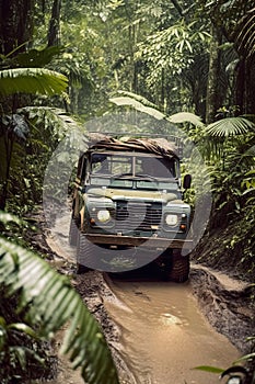 A jungle Safari Jeep in the forest muddy off road