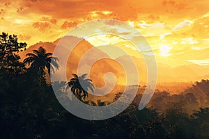 Jungle Silhouette with Mountains, Wild Africa Nature on Golden Cloudy Sunset Background