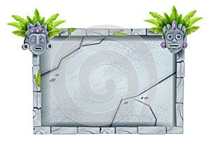 Jungle stone sign board, vector game rock panel, cracked granite wall panel, tiki mask, leaves.