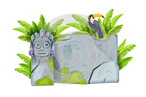 Jungle stone vector sign board, cartoon game UI rock tablet, granite cracked boulder frame, toucan, tiki mask.