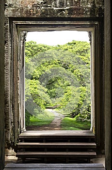 Jungle thet can be seen through the doorway in Angkor wat