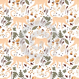 Jungle Vector Seamless Pattern with Monkey Walking Among Flora