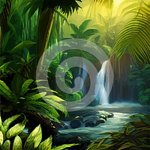 Jungle waterfall. Picturesque river in tropical forest. Water falls in lake.