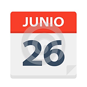 Junio 26 - Calendar Icon - June 26. Vector illustration of Spanish Calendar Leaf
