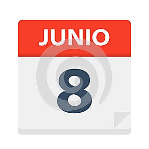 Junio 8 - Calendar Icon - June 8. Vector illustration of Spanish Calendar Leaf