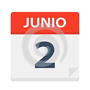 Junio 2 - Calendar Icon - June 2. Vector illustration of Spanish Calendar Leaf