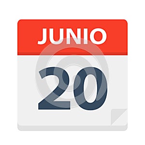 Junio 20 - Calendar Icon - June 20. Vector illustration of Spanish Calendar Leaf photo