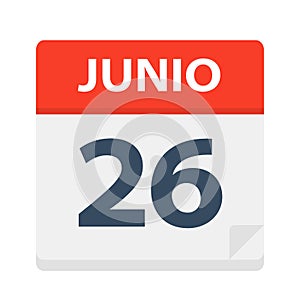 Junio 26 - Calendar Icon - June 26. Vector illustration of Spanish Calendar Leaf photo