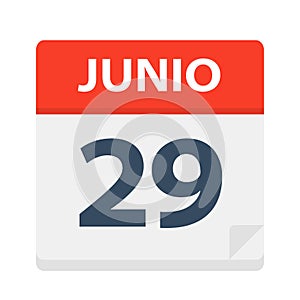 Junio 29 - Calendar Icon - June 29. Vector illustration of Spanish Calendar Leaf photo