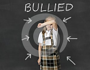 Junior schoolgirl crying victim of bullying suffering stress and fear at school