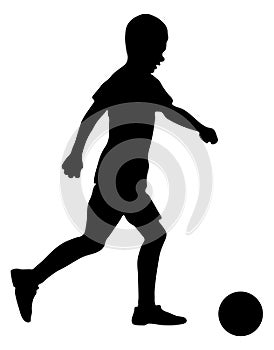 Junior soccer player, silhouette of boy with ball. Vector illustration