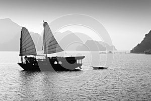 Junk boat in Halong bay, Vietnam, Black and white