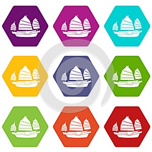 Junk boat icon set color hexahedron