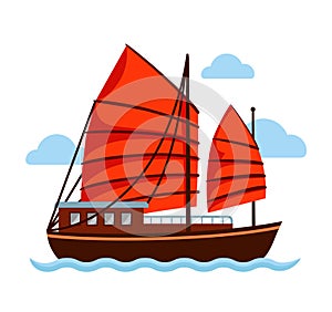 Junk boat with red sail.