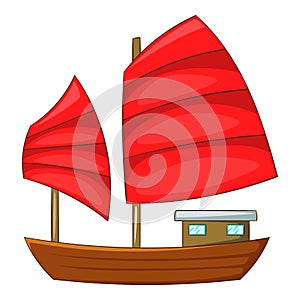 Junk boat with red sails icon, cartoon style