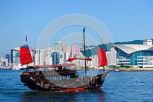 Junk boat sailing in Victoria habour, Hong Kong