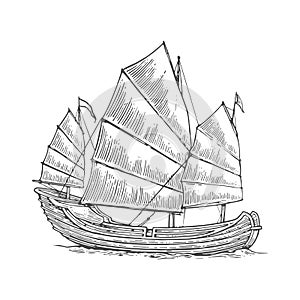 Junk floating on the sea waves. Hand drawn design element sailing ship.