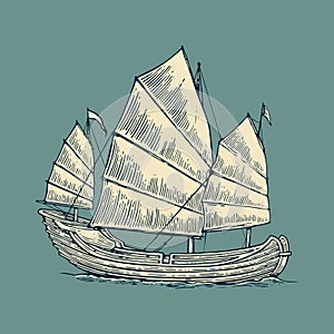 Junk floating on the sea waves. Hand drawn design element sailing ship.