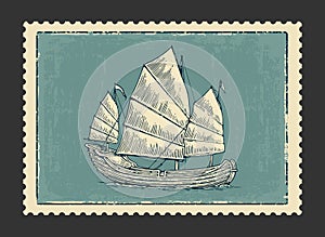 Junk floating on the sea waves. Hand drawn design element sailing ship.