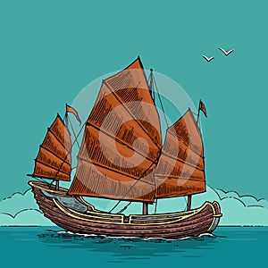 Junk floating on the sea waves. Hand drawn design element sailing ship. Vintage vector engraving illustration for poster